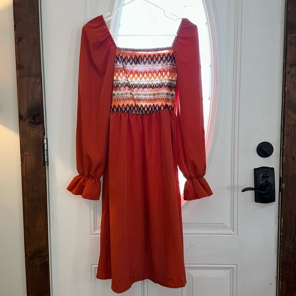 SHEIN Midi Embroidered Smocked Rust Dress Womens Size S US 4/EU 36
